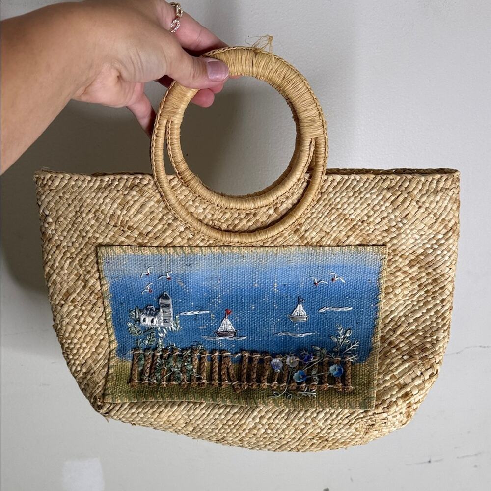 St. John's Bay Cream Rattan Woven Ocean Design Handbag